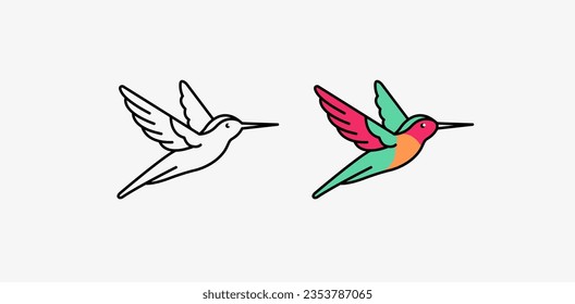 Hummingbird, lineares und farbiges Logo, Symbol, Zeichen. Kleines tropisches Vogelkonzept. Vektorgrafik.