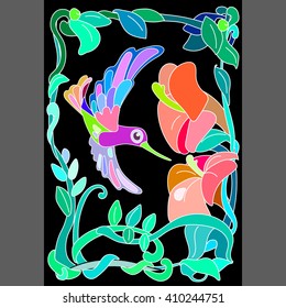 hummingbird little bird, flowers ornament on the cover character, stained glass style, vector