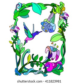 hummingbird little bird, flowers ornament on the cover character, stained glass style, vector