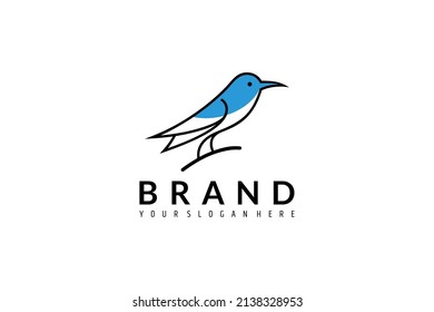 hummingbird logo on tree branch in blue color in line art design