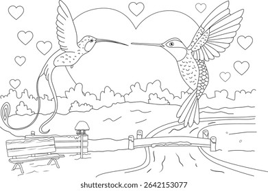 Hummingbird Love Line Art Coloring Page, Outline illustration of two hummingbirds flying together with hearts surrounding them, set in a charming park scene with a bench and railing. Perfect for