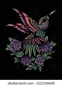 hummingbird mexico with flowers and stitches