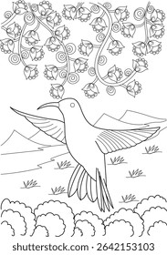 Hummingbird in Nature - Coloring Page Illustration, Black and white line art illustration for coloring, featuring a hummingbird flying amidst stylized flowers and vines, with mountains and bushes in