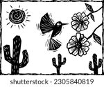Hummingbird near a flower, cactus and the sun in the sky. Cordel literature woodcut style.