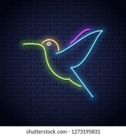 Hummingbird neon logo design. Colibri bird neon icon on wall background