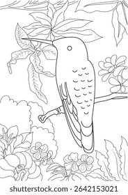 Hummingbird on Branch Coloring Page, Simple black and white line art illustration of a hummingbird perched on a branch with flowers and leaves, designed as a printable coloring page or template for