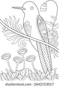 Hummingbird on Branch Line Art for Coloring, Detailed black and white line art illustration of a hummingbird perched on a branch surrounded by flowers and leaves, perfect for coloring books,