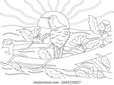 Hummingbird on Branch Line Art Illustration, Black and white line art illustration depicting a hummingbird perched on a branch, surrounded by flowers and leaves, with a stylized sun rising or