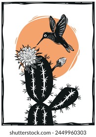 Colibrí sobre flor de cactus (Mandacarú) con sol de fondo. Woodcut en el estilo cordel noreste. Ilustración vectorial