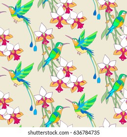 Hummingbird and orchid flowers seamless pattern background.