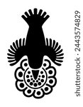 Hummingbird over a flower, motif and symbol of Aztec god Huitzilopochtli, whose name means Huitzilin or Hummingbird of the South. Decorative Aztec clay stamp motif found in pre-Columbian Mexico City.