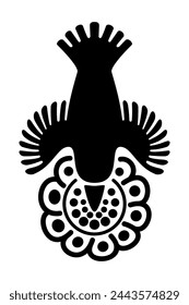 Hummingbird over a flower, motif and symbol of Aztec god Huitzilopochtli, whose name means Huitzilin or Hummingbird of the South. Decorative Aztec clay stamp motif found in pre-Columbian Mexico City.