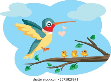 
Hummingbird Parenting Supervision Offspring Conceptual Illustration Design. Happy birds family enjoying springtime 
