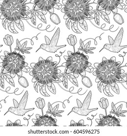 Hummingbird and passiflora seamless pattern. Background for postcards, greeting cards, wedding invitations. Outline tropical floral wallpaper.