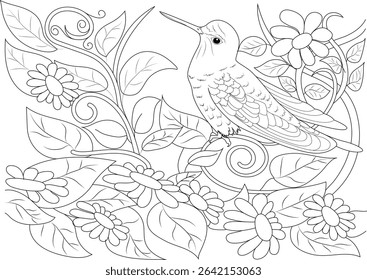 Hummingbird Perched on Branch with Flowers - Line Art Illustration, Detailed black and white line drawing of a hummingbird resting on a branch among decorative flowers and leaves. Perfect as a