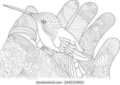 Hummingbird Perched on Hand Line Art, Intricate black and white line drawing of a hummingbird perched gently on a hand, adorned with detailed patterns and swirls, suitable for adult coloring books,