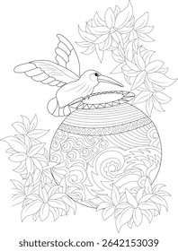 Hummingbird Perched on Ornate Sphere with Flowers Line Art, Black and white line art illustration featuring a hummingbird perched on a detailed decorative sphere, surrounded by stylized flowers.