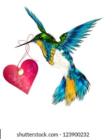 Hummingbird with pink heart for valentines design