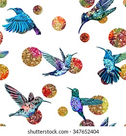 Hummingbird seamless pattern with golden dots. Hand drawn tropical exotic background.