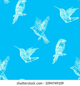 Hummingbird seamless pattern. Hand drawn tropical exotic background. Template for luxury textiles, paper, wallpaper.