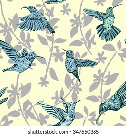 Hummingbird seamless pattern. Hand drawn tropical exotic colorful background.