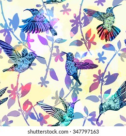 Hummingbird seamless pattern. Hand drawn tropical exotic background.