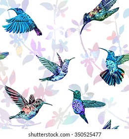 Hummingbird seamless pattern. Hand drawn tropical exotic background.