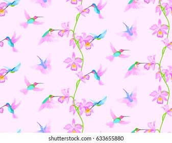 Hummingbird seamless pattern with orchid flowers on pink background.