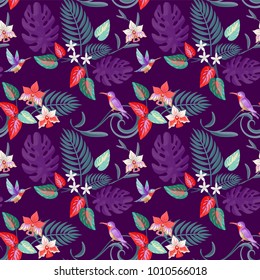 Hummingbird seamless pattern. Tropical background.
