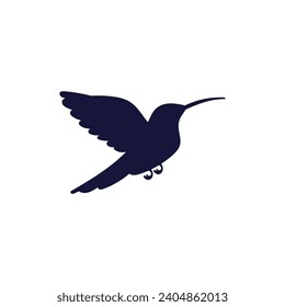 Hummingbird silhouette, vector illustration isolated on white background. Black spot in the shape of a small tropical flying bird with wings and a long beak, simple icon for design