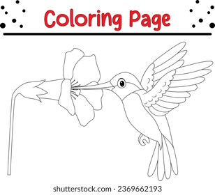 Hummingbird, der Nektar aus Blumen färbt Seite. Schwarz-Weiß-Vektorgrafik für ein Farbbuch.