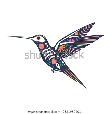 Hummingbird skeleton decorated with flowers and decorative elements, side view. Festive animal for the Mexican Day of the Dead,  Dia de los Muertos.