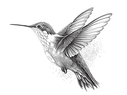 Hummingbird Sketch Hand Drawn Side View, Engraving Style Vector Illustration.
