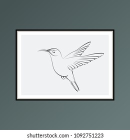 Hummingbird sketch poster in pastel blue for interior decor. Gallery wall art with Scandinavian design.