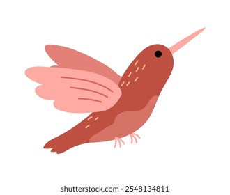 Colibrí o Pequeño animal aviar, colibrí aislado con pico largo y alas estiradas. Vector lindo personaje de pajarito. Especies exóticas y tropicales, fauna y zoología, biodiversidad silvestre