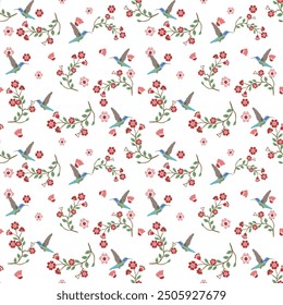 Kolibri mit kleinen Blumen Ikat nahtloses Muster Stickerei Design Vektorgrafik handgezeichnet für Mode , Stoff, Textil, Bettwäsche, Teppich, Vorhang, Tapete , Umhüllung und alle Drucke