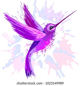 Hummingbird Spirit, Purple and Pink Surreal Creature, Vector Art Technique looking like a watercolor artwork, with paint splats and stains