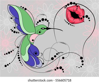 Hummingbird. Symbol of love and passion against the background of heart. Vector illustration