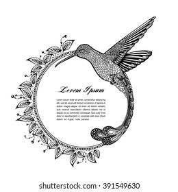 hummingbird tattoo. psychedelic, zentangle style. Vector frame for text on a white background