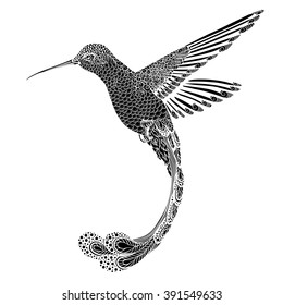 hummingbird tattoo. psychedelic, zentangle style. Vector illustration on a white background