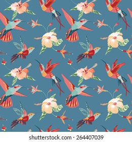 Hummingbird and Tropical Background - Retro seamless pattern in vector 