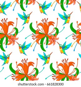 Hummingbird and tropical flower seamless pattern on white background