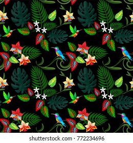 Hummingbird and tropical flowers and leaves seamless pattern.