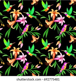 Hummingbird and tropical flowers seamless pattern background.