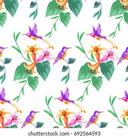 Hummingbird and tropical paradise flowers and leaves seamless pattern background.