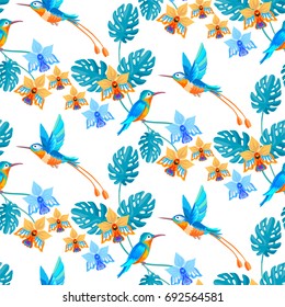 Hummingbird and tropical paradise flowers and palm leaves seamless pattern background.