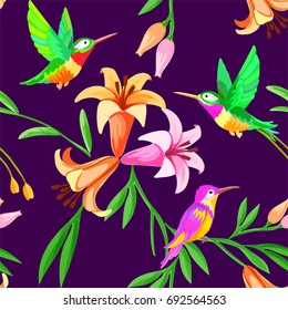 Hummingbird and tropical paradise flowers seamless pattern background.