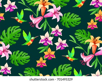 Hummingbird in the tropics seamless pattern.