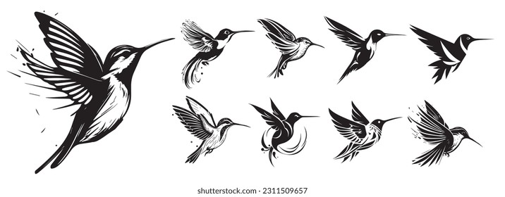 Humming-bird vector black and white silhouette illustration