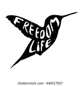 Hummingbird vector icon. Bird simple isolated sign silhouette with text Freedom life.